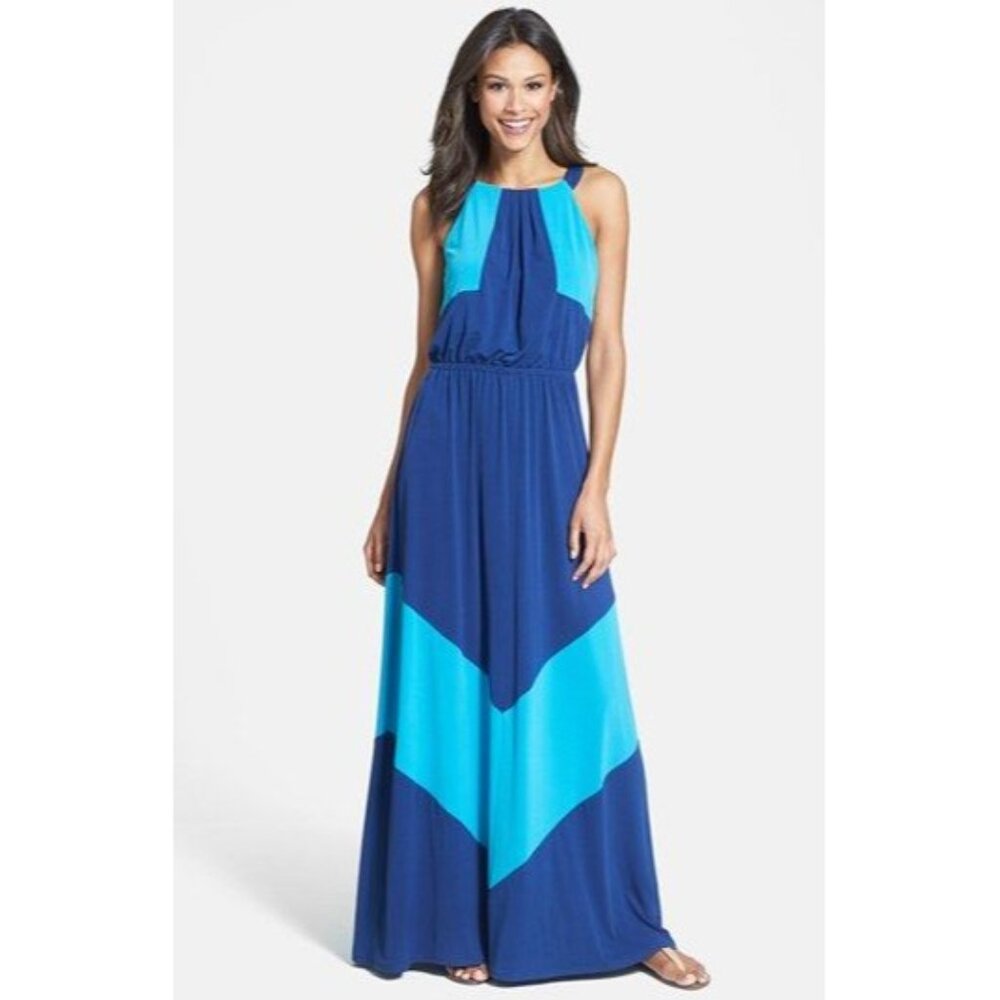 Vince Camuto Blue & Turquoise Colorblock Maxi Dress
